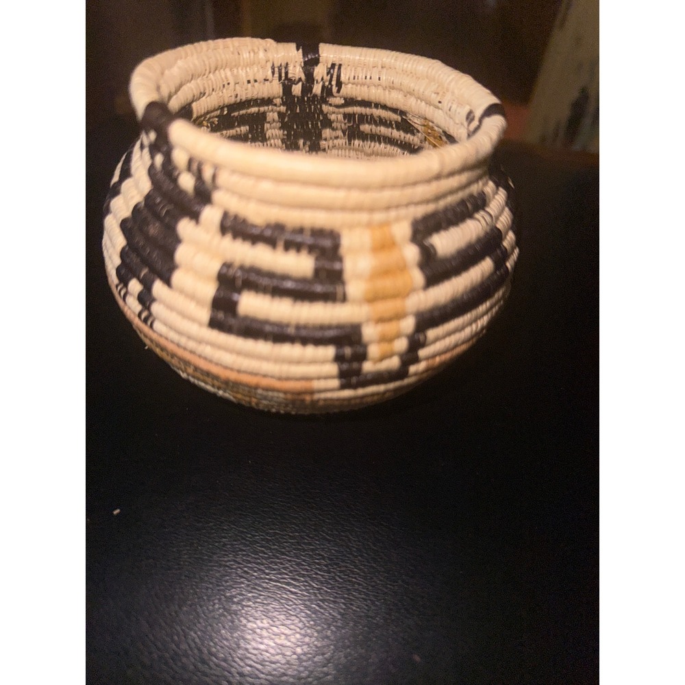 Hand Woven Coiled Basket Small Geometric Tribal Decorative Bowl Cream Brown 3.5"